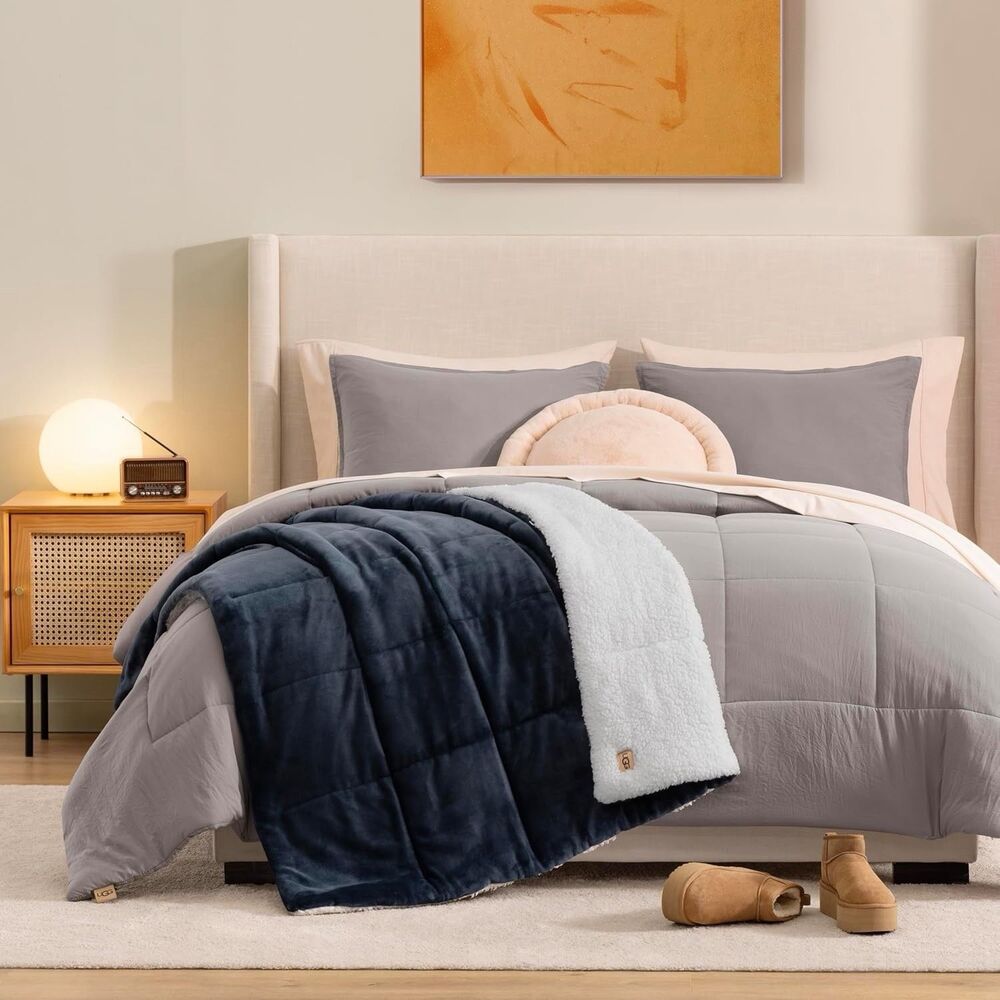 UGG Nita Throw Blanket, Reversible Fleece Blanket, 50" x 70", Navy Blue